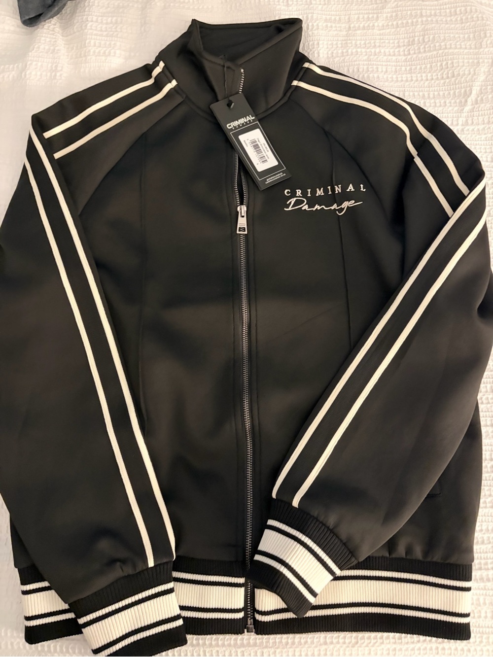 NWT Criminal Damage Black Track Bomber Jacket with White Stripe